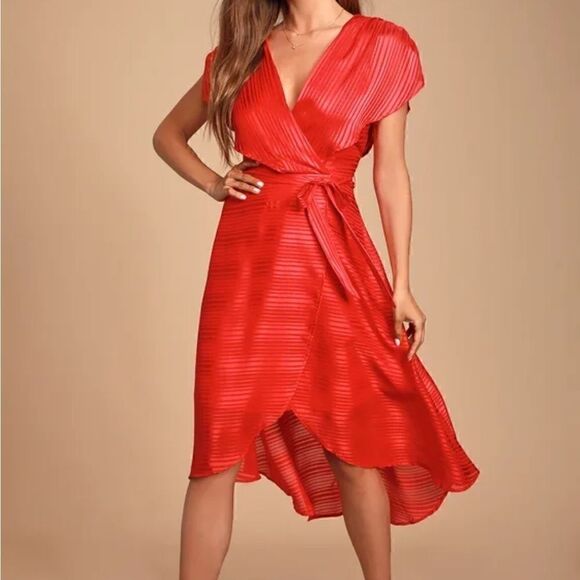 Lulus Dresses & Skirts - Lulus | Sexy Red Striped Satin High-Low Midi Wrap Dress Size Medium